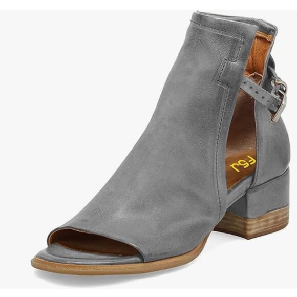 FSJ Grey Peep Open Toe Cut Out Buckle Ankle Bootie Stacked Block Low Heel Sandal - Picture 1 of 8